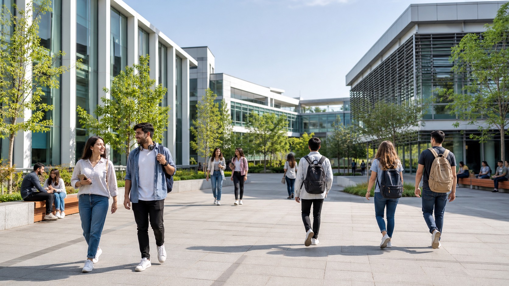 Students on a modern university campus