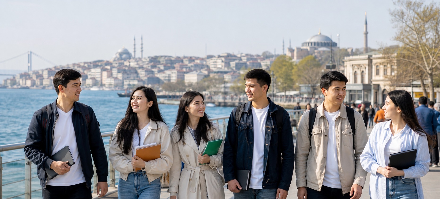 Students walking by the Bosphorus in Istanbul
